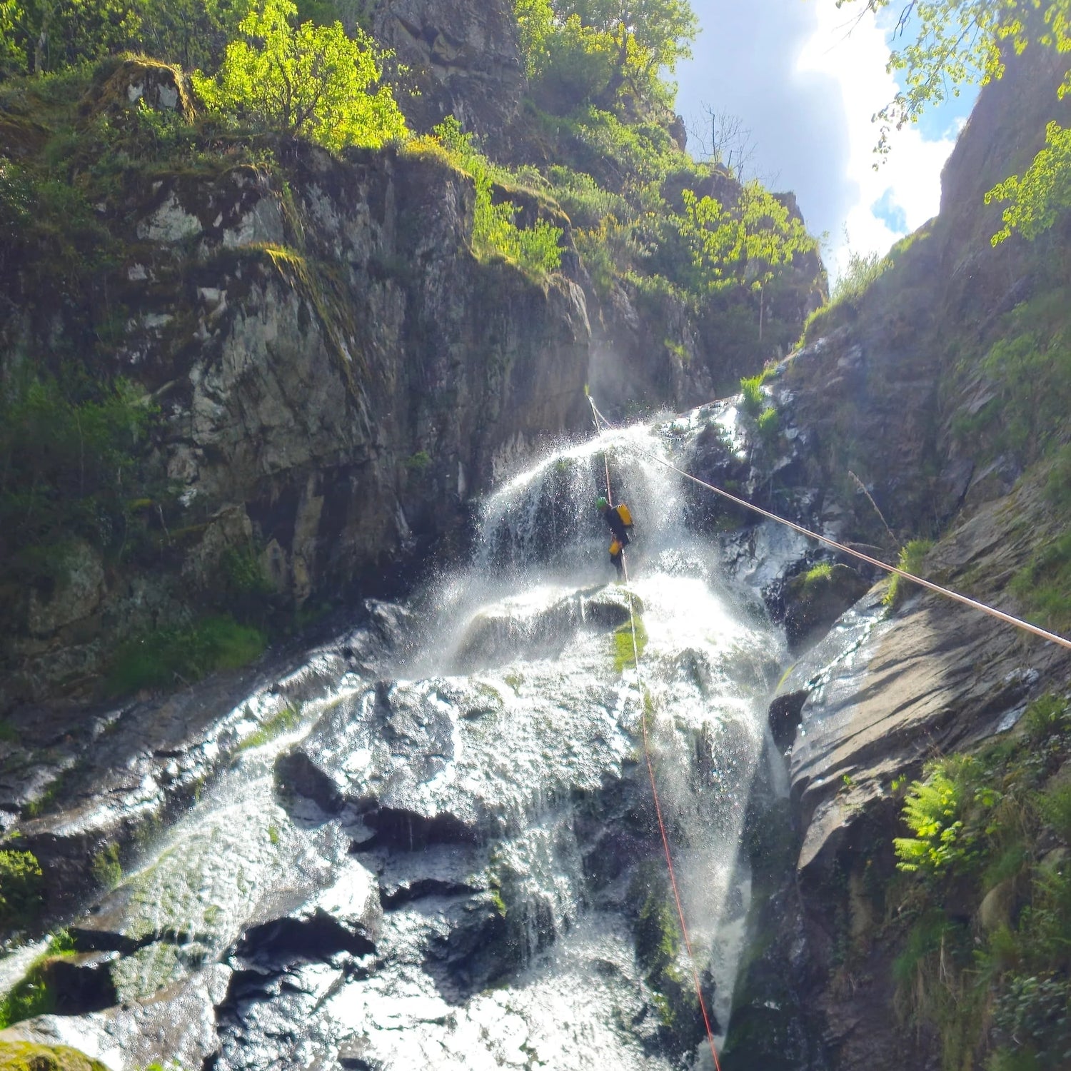séjour en suisse sejour canyoning dans le tessin agence de voyage agence de canyoning canyoning riom chatelguyon chatel-guyon aubière pont-du-chateau vertaizon chamalières clermont-ferrand durtol royat romagnat perignat les sarliève riom sport adrénalive sports extrèmes Descente en rappel le long d'une cascade pendant une initiation au canyoning Descente en rappel sous une cascade dans un canyon alpin du Tessin moniteur canyoning guide canyoning toboggan naturel vasque naturelle rappel en cascade